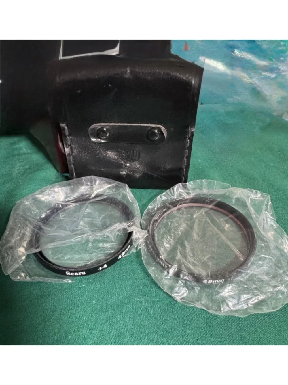 Sears 49mm Camera Lens Filters +4 & Skylight 1A With Black Leather Pouch